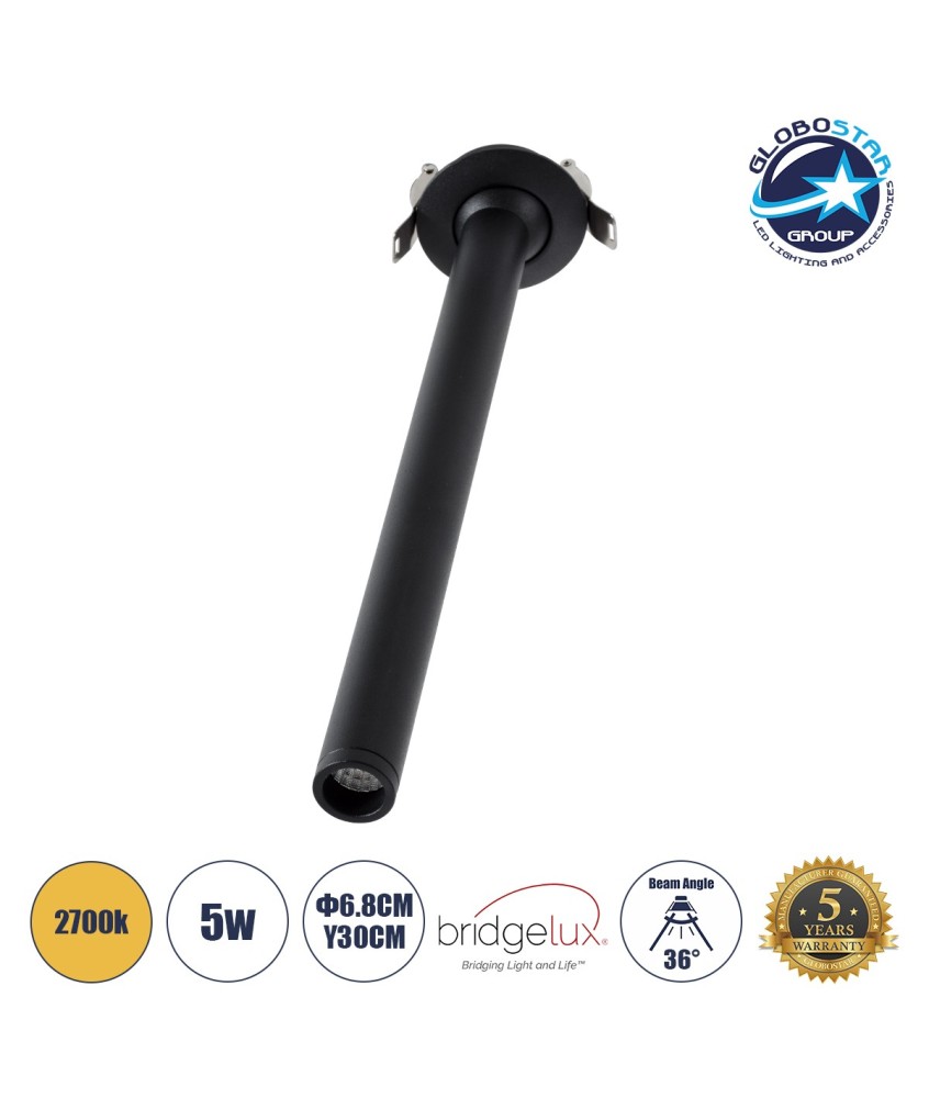 GLOBOSTAR® DALE 60373 Χωνευτό Κινούμενο Downlight Σποτ LED 5W 500lm 36° AC 220-240V IP20 Θερμό Λευκό 2700K - Bridgelux COB Chip & TÜV SÜD Driver - Μαύρο Ματ - Μ6.4 x Π6.4 x Υ30cm - Q5.5cm - 5 Χρόνια Εγγύηση